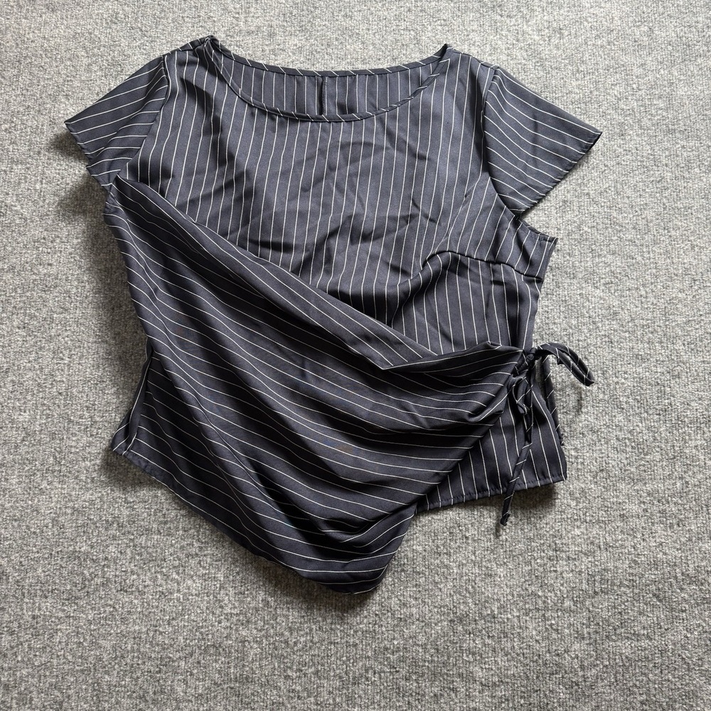 Womens Navy Pinstripe Wrap Top Pants Suit Set Side Tie Cap Sleeve 2 Piece 3X